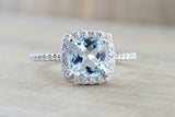 1.5ct Cushion Blue Aquamarine Engagement Ring 14k White Gold Finish Diamond Halo