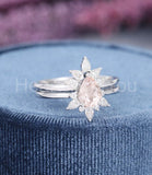 1.5ct Pear Cut Simulated Peach Morganite Crown Bridal Set 14k White Gold Plated