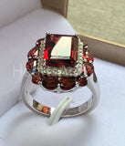 2.2ct Emerald Cut Simulated Red Garnet Halo Cocktail Ring 14k White Gold Plated