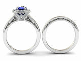 2ct Cushion Cut Blue Sapphire Engagement Ring Halo Bridal Set 14k WhiteGold Over