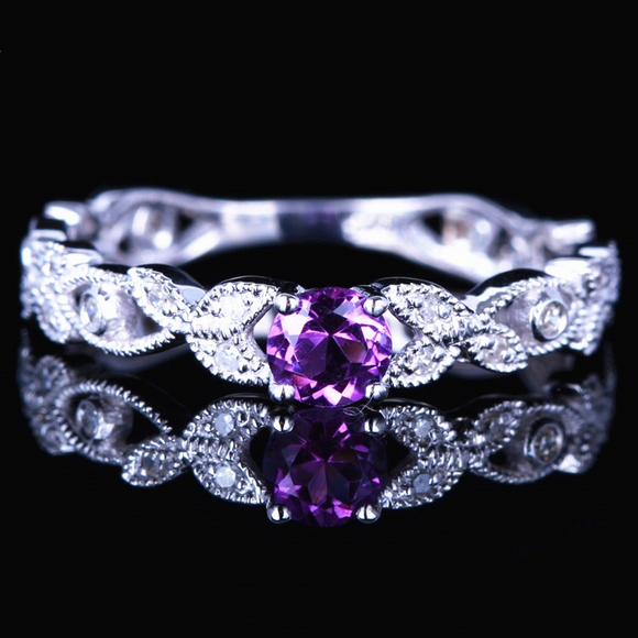 1ct Round Cut Purple Amethyst Filigree Engagement Ring 14k White Gold Finish