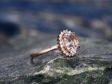 1Ct Oval Peach Morganite Floral Diamond Halo Engagement Ring 14K Rose Gold Over