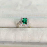 1.5ct Engagement Ring Green Emerald Cut Round Accent Halo 14k White Gold Finish