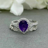 2.1ct Pear Purple Amethyst Halo Bridal Set Engagement Ring 14k White Gold Finish