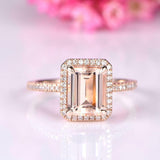 2.2ct Emerald Cut Peach Morganite Halo Ring 14k Rose Gold Over with Round Accent