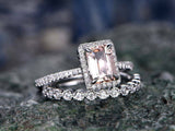 4ct Emerald Cut Peach Morganite Bridal Set Halo Ring Band 14K White Gold Over