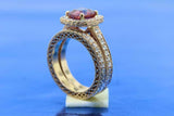 2.4ct Cushion Cut Pink Sapphire Milgrain Bridal Set Ring 14k Yellow Gold Finish
