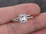 1.7ct Engagement Ring Emerald Cut Diamond Halo Bridal Set 14k White Gold Finish