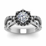 1ct Round Diamond Black Floral Solitaire Engagement Ring 14k White Gold Finish