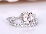 1.7ct Cushion Peach Morganite Halo Bridal Set Engagement Ring 14k WhiteGold Over