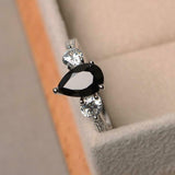 1.5ct Engagement Ring Pear Cut Black Diamond Three Stone 14k White Gold Finish