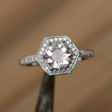 2ct Round Cut Morganite Hexagon Diamond Halo Engagement Ring 14k White Gold Over