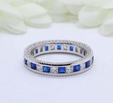2ct Princess Blue Sapphire Wedding Band Milgrain Channel Set 14k White Gold Over