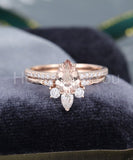 2.1ct Pear Cut Simulated Morganite Crown Curved Bridal Set 14k Rose Gold Plated