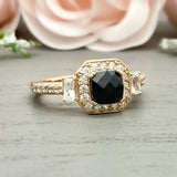 2.2ct Engagement Ring Cushion Cut Black Diamond Halo 14k Yellow Gold Finish
