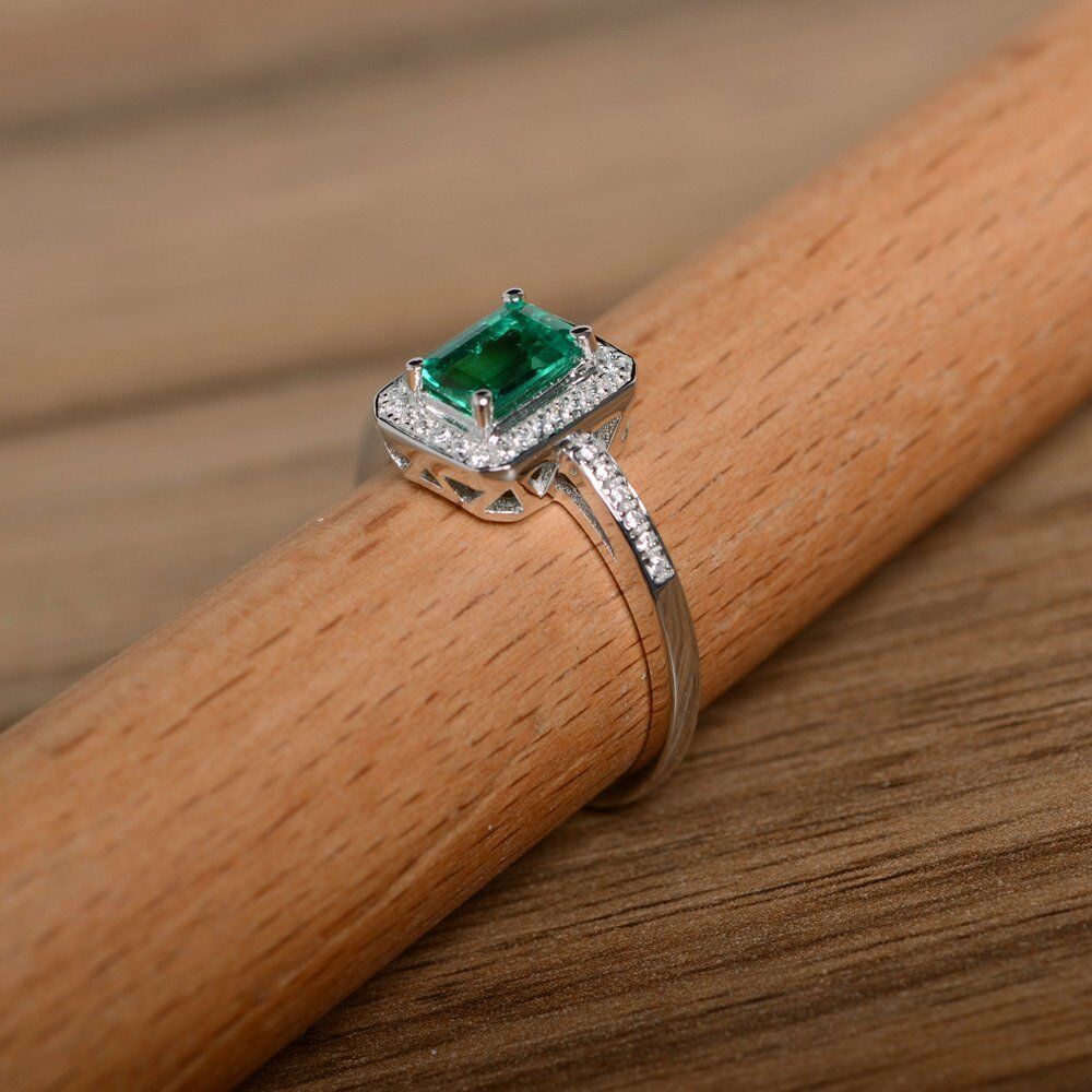Emerald Cut Green Emerald Halo Engagement Ring 14k White