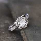 2.3Ct Round Cut Diamond Accent Halo Floral Engagement Ring 14K White Gold Finish