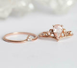 1.5ct Pear Cut Peach Morganite Crown Tiara Bridal Set Ring 14k Rose Gold Finish