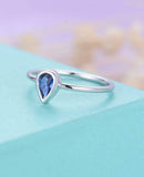 0.5ct Pear Cut Blue Sapphire Bezel Bridal Set Engagement Ring 14k WhiteGold Over