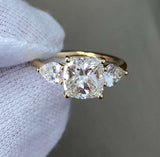 3ct Cushion Pear Diamond Accent Trilogy Engagement Ring 14k Yellow Gold Finish