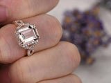 3ct Emerald Cut Peach Morganite Engagement Ring Diamond Halo 14k RoseGold Finish