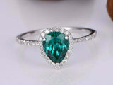 1.5ct Pear Cut Green Emerald Engagement Ring Diamond Halo 14k White Gold Finish