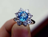 2.25ct Engagement Ring Round Cut Blue Topaz Diamond Floral 14k White Gold Finish