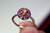 2.2ct Engagement Ring Round Cut Yellow Citrine Pink Ruby Halo 14k WhiteGold Over