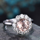 1.5Ct Round Cut Peach Morganite Floral Halo Engagement Ring 14K White Gold Over