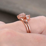 1.6ct Pear Cut Morganite Engagement Ring Crown Bridal Set 14k Rose Gold Finish