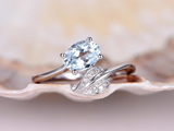 0.9ct Oval Cut Blue Aquamarine Bypass Leaf Design Ring 14k White Gold Finish