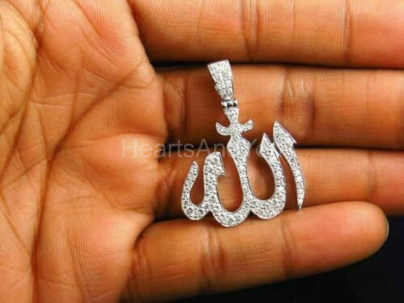 1ct Round Cut Moissanite Allah Pendant 14k White Gold Plated NO CHAIN