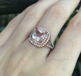 2.5ct Cushion Morganite Engagement Ring Dual Halo Split Shank 14k Rose Gold Over