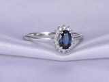2ct Oval Cut Blue Sapphire Diamond Floral Solitaire Ring 14k White Gold Finish