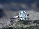 1Ct Oval Cut Blue Aquamarine Bezel Solitaire Engagement Ring 14K White Gold Over