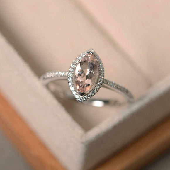 1.5ct Marquise Cut Peach Morganite Engagement Ring Halo 14k White Gold Finish