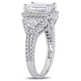 5.5ct Emerald Cut Diamond Halo Iced Trilogy Engagement Ring 14K White Gold Over