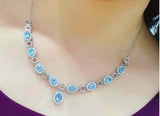 15Ct Oval Cut Blue Topaz Diamond Halo Tennis Necklace 14K White Gold Finish