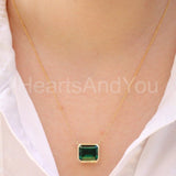 2ct Green Emerald Cut Simulated Bezel Set Pendant Chain 14k Yellow Gold Plated