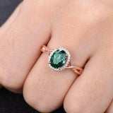 2.3ct Engagement Ring Oval Cut Green Emerald Split Shank Halo 14k Rose Gold Over