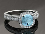 3ct Cushion Blue Aquamarine Halo Milgrain Bridal Set Ring 14k White Gold Finish