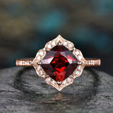 2Ct Cushion Cut Red Garnet Vintage Solitaire Engagement Ring 14K Rose Gold Over