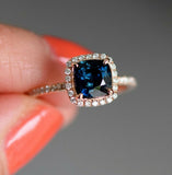 1.4ct Engagement Ring Cushion Blue Sapphire Round Accent Halo 14k Rose Gold Over