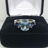 2.2ct Engagement Ring Oval Cut Blue Topaz Sapphire Trilogy 14k White Gold Finish