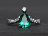 2.1ct Pear Cut Green Emerald Curved Stackable Design Ring 14k White Gold Finish