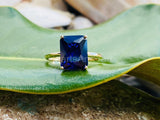 2.3ct Radiant Cut Simulated Blue Sapphire Solitaire Ring 14k Yellow Gold Plated