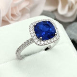 2.4ct Cushion Cut Blue Sapphire Round Diamond Halo Ring 14k White Gold Finish