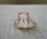 3ct Emerald Cut Peach Morganite Ring 14K White Gold Finish With Round Accents
