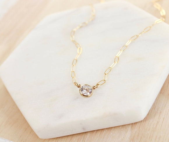 1ct Round Cut Moissanite Paperclip Pendant with Chain 14k Yellow Gold Plated