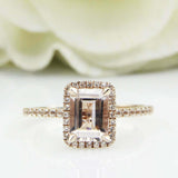 2.3ct Emerald Cut Peach Morganite Engagement Ring Halo 14k Yellow Gold Finish